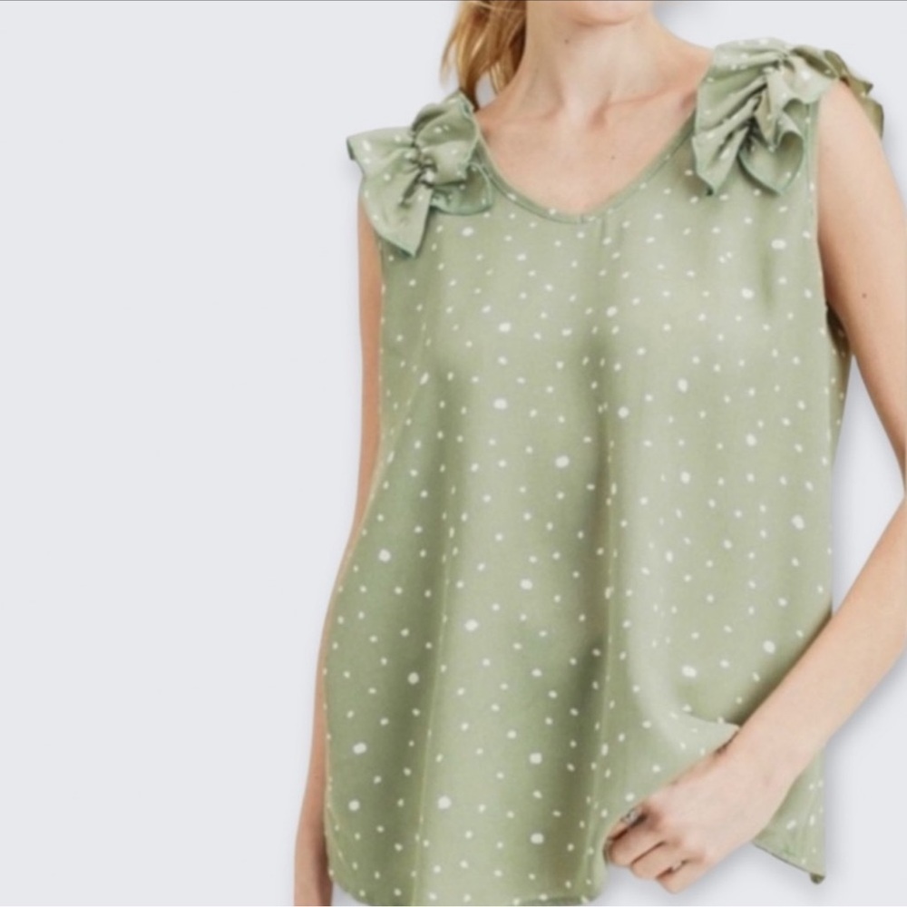 New Sage Green Animal Print Ruffled Sleeveless Top
